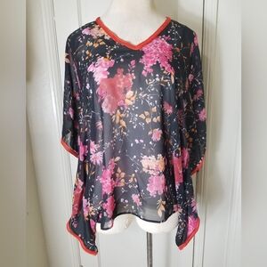 BLACK ORANGE FLORAL chiffon semi sheer caftan blouse 2X/3X